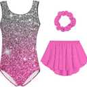 Idgreatim Girls Gymnastic Leotard Ballet Dance Dress Outfit with Removable Skirt Hair Scrunchie Combo, Size 7Y