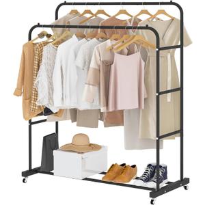 Laiensia Double Rods Clothing Rack with Wheels, Garment Rack for Hanging Clothes, Multi-functional Bedroom Clothes Rack, Black