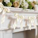 2 Strings White Bow Garland Banner, Pre-Strung Satin Ribbon with 6.5ft Pearl Chain for Bridal Shower, Wedding, Engagement, Bachelorette Party, Baby Shower, Graduation & Anniversary Decor