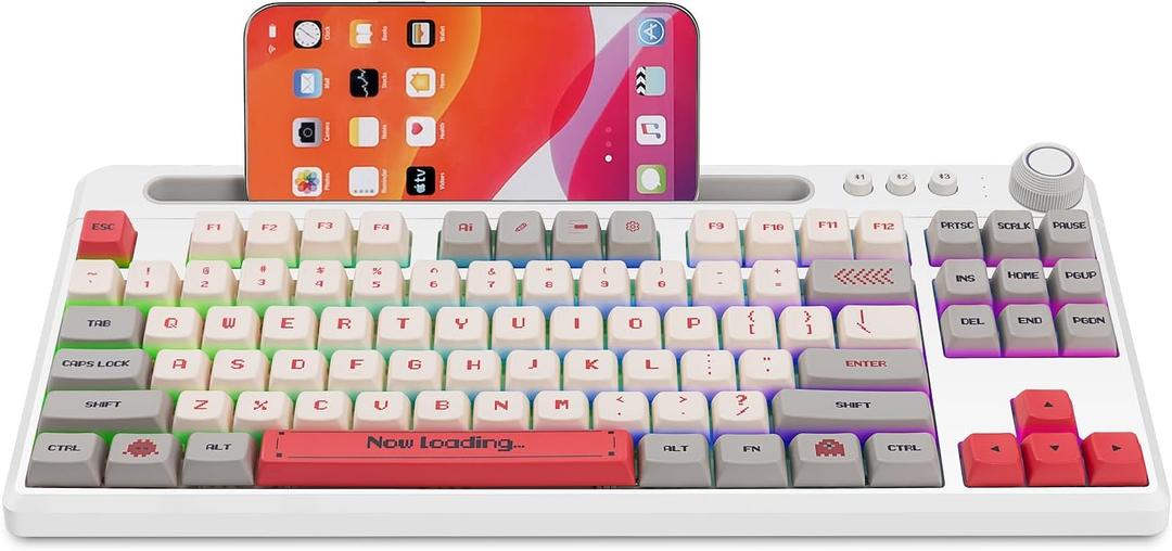 DK8701 75% Hot Swappable Mechanical Keyboard with Phone Holder, 3 BT5.1 Wired & Wireless Gaming Keyboard with RGB Backlit, PBT Keycaps, White Clicky Switch for PC Mobile Gamer and Typing