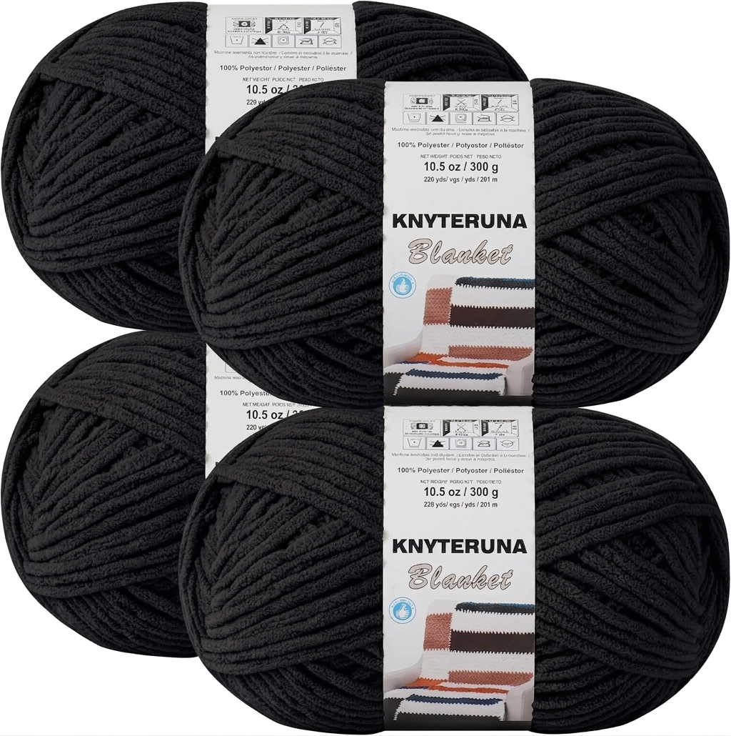 #6 Super Bulky Blanket Yarn for Crocheting - 4 Skeins(Each 10.5oz/300g, 220yds/201m), Chunky Chenille Thick Plush Big Soft Yarn for Crocheting Knitting Blankets, Black
