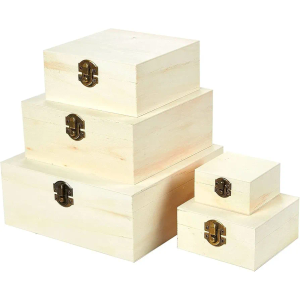 Juvale Set of 5 Unfinished Wooden for Crafts - Wood Nesting Boxes with Hinged Lids for Crafts & Small Storage Item (5 Sizes) - Wooden Box