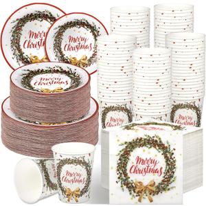 Jinei 250 Pcs Christmas Tableware Set for 50 Guests Christmas Paper Plates and Napkins Disposable Cups Xmas Dinnerware Party Supplies for Xmas Dinner Winter Party Table Decoration (Garland)