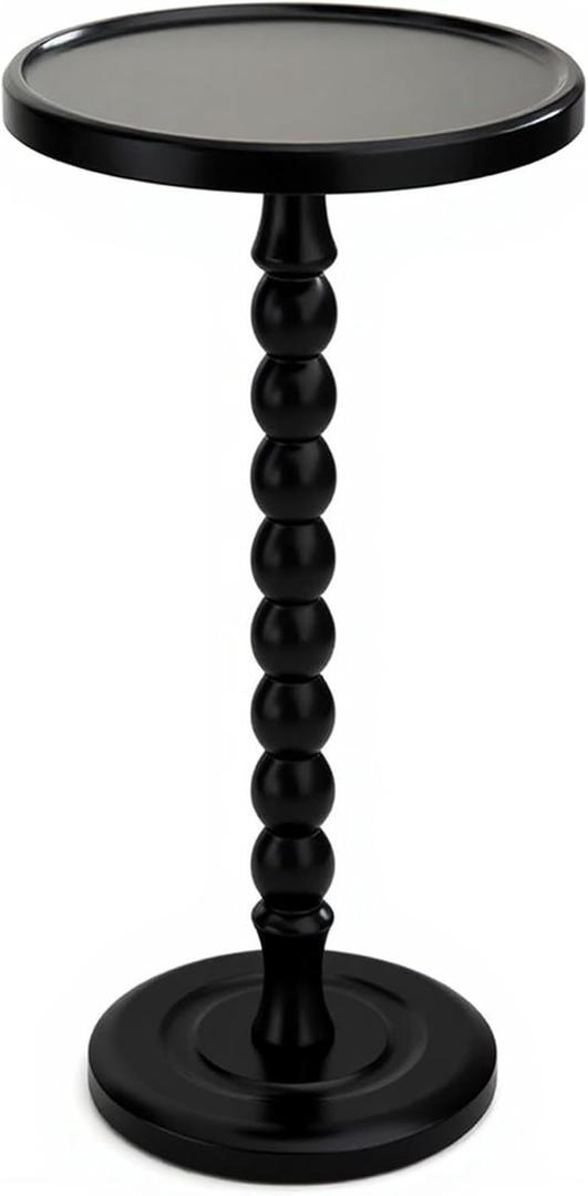 Small Accent Wood End Table, 12inch Round Bedside Table, Natural Side Table Nightstand for Family, Bedroom, Living Room, Handcrafted Finish, Black (11.8 inch)