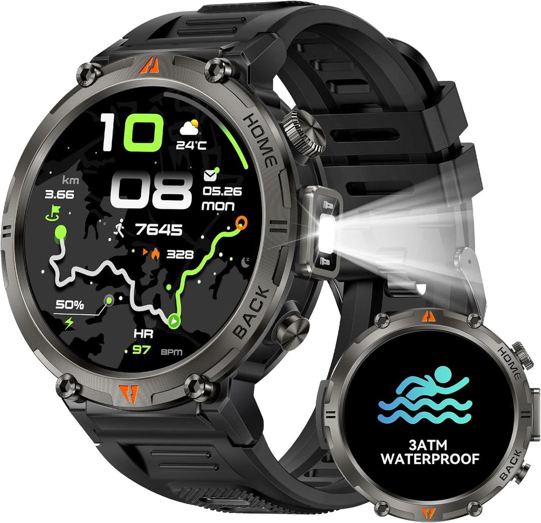 Military Smart Watch for Men GPS Watch with Flashlight Compass 3ATM Waterproof Rugged Tactical Smartwatch Bluetooth Calling 1.45'' HD Sports Watch Fitness Watch Compatible with iPhone Samsung (BK)
