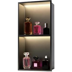 Shower Niche, 24" X 12" Niche for Shower Wall, Bathroom Niches with Waterproof LED Lights, Stainless Steel Recessed Wall Niches No Tile Needed & 2-Tiers, Matte Black