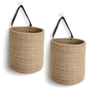 WILLITAT Hanging Basket 2 Pack, Small Wicker Wall Baskets for Organizing, Woven Boho Wall Hanging Decor, Indoor Plant Holder, Cotton Rope Door Organizer, Shelf Storage Bin, 7"D x 8"H (Jute)