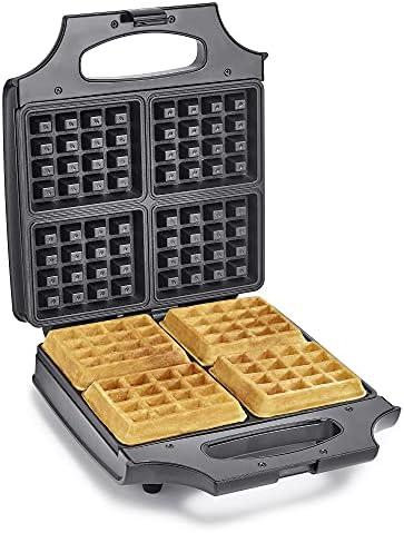 BELLA Classic Waffle Iron, 4 Square Belgian Waffle Maker, Non-stick Extra Large Plates for Easy Cleanup, Cool Touch Handles, Stainless Steel, Black, 1400W