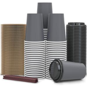 100 Pack - 12 oz Disposable Coffee Cups To Go with Lids Sleeves and Straws 100% Biodegradable & Compostable Pla Eco Friendly Paper Coffee Cups for Tea Coffee Hot Chocolate