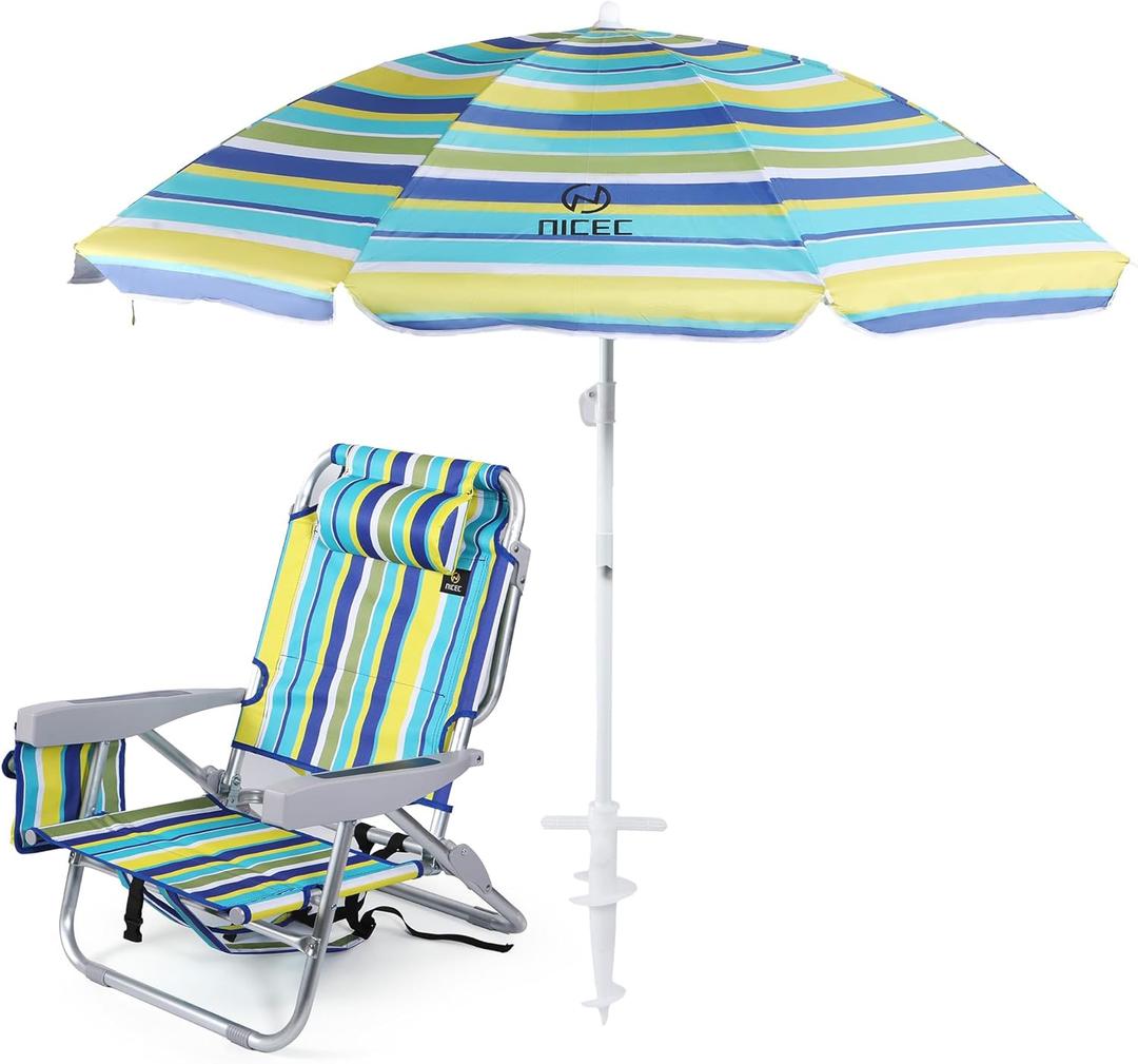 Nice C Beach Chair with Umbrella, Backpack Stripe Beach Chair for Adults, Sand Chair, High Back, with Cooler, Cup Holder & Heavy Duty (Set of 1), Regular