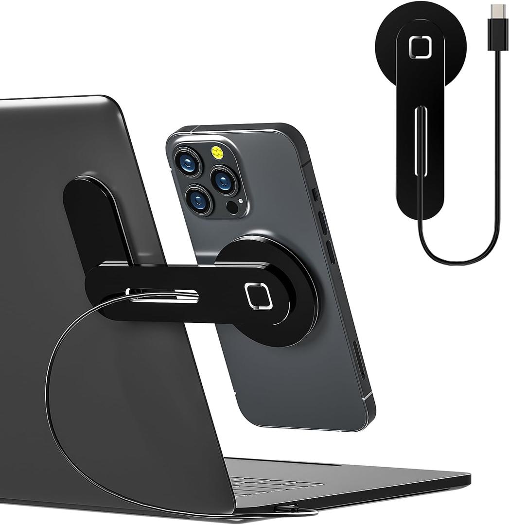 Laptop Phone Holder, 15W Fast Wireless Charger, Magnetic iPhone 12/13/14/15 Series Holder, Modern Minimalist Black Aluminum Monitor Clamp