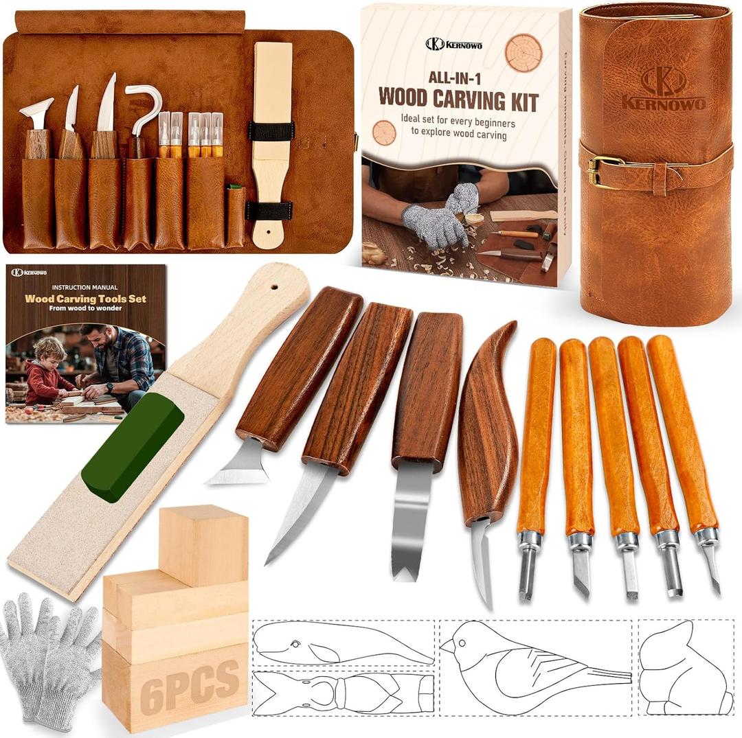 Wood Carving Kit, 24Pcs Wood Carving Tools with Storage Bag, Wood Whittling Knife Kit with 4pcs Templates & 6pcs Basswood Blocks for DIY Beginners