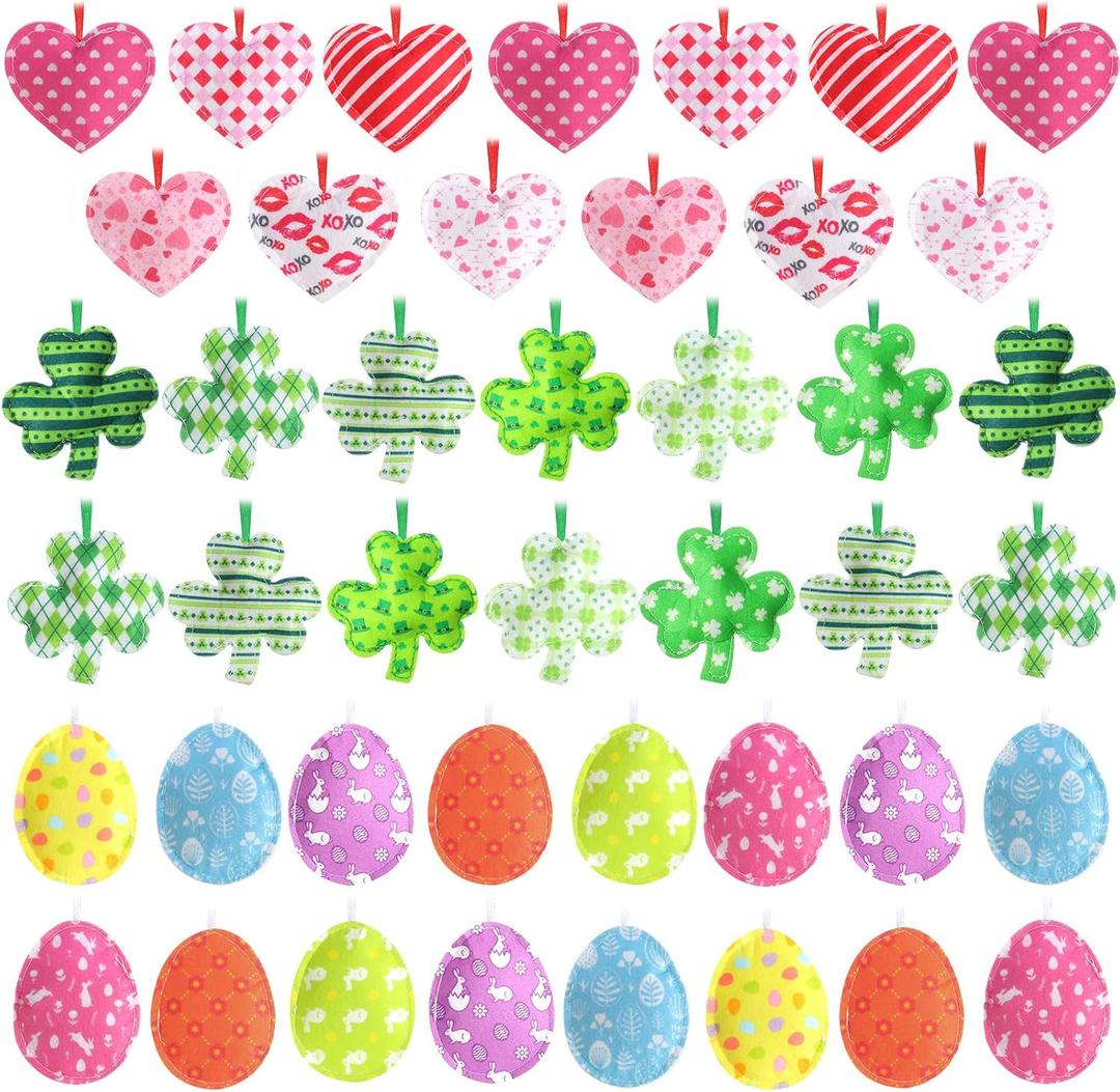 Jutom 54 Pcs Felt Valentine's Day Heart Hanging Ornaments St. Patrick's Day Shamrock Easter Egg Ornaments Heart Shaped Clover Baubles Shamrock Egg Felt Decoration for Holiday Favor (Cute)