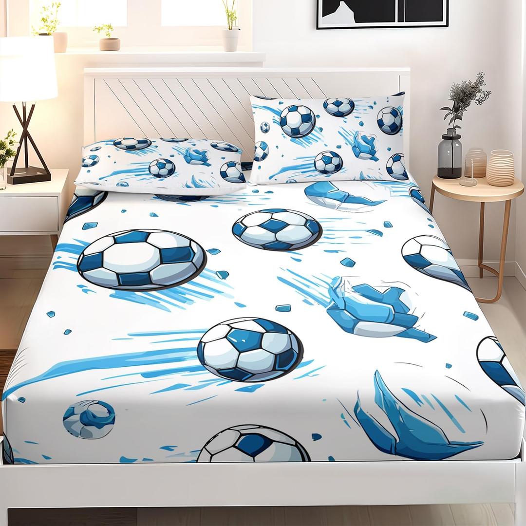AILONEN Kids Soccer Twin Size Fitted Sheet Set, Football Bed Sheet, Blue Graffiti Soccer Bedding Set for Boys Adults, 1 Fitted Sheet with 2 Pillowcases, 3 Piece