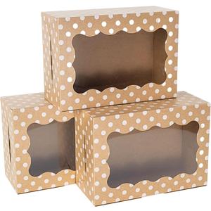 Polka Dot Cookie Boxes - 20 Pack - Brown with White Polka Dots Bakery Gift Box with Window - for Pastries, Cupcakes, Strawberries, Macarons, & Treats - Large Size Easily Fits a Dozen Cookies