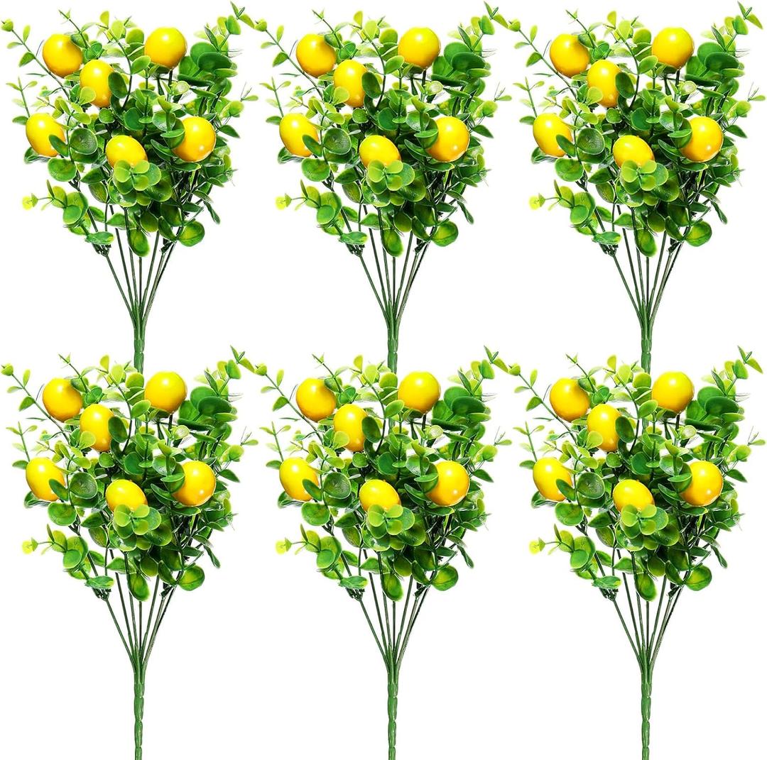 Tigeen 6 Pack Lemon for Decoration Fake Lemon Branches Artificial Vivid Yellow Faux Lemons Tables Centerpiece for Kitchen Stem Fruits for Home Spring Summer Decor