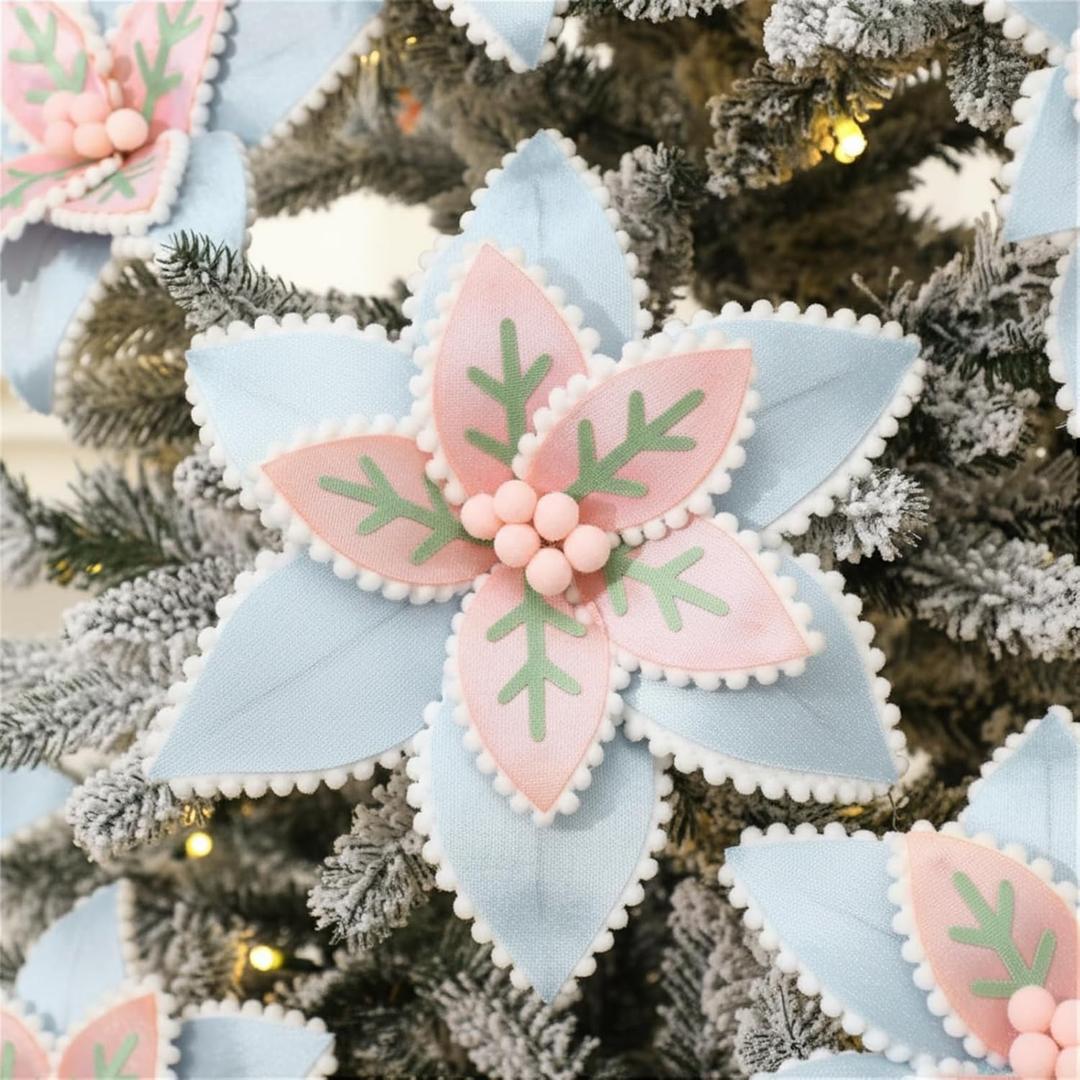 6 Pcs Christmas Tree Pastel Poinsettia Decoration 9'' Candyland Christmas Tree Ornament Blue and Pink Felt Poinsettia Flower Candy Artificial Flower Pick for Xmas Wreath DIY Party Decor