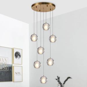 Brass Modern Chandelier, 7 Lights Bubble Crystal Pendant Light, 59" Long Chandelier Bubble Raindrop Chandelier Light Fixture for Entryway Foyer Staircase