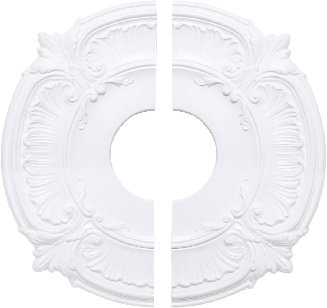 Ceiling Medallion, PU Ceiling Fan Light Covers for Light Fixtures and Ceiling Fans Chandeliers 11.8" OD x 3.42" ID, Vintage Minimalist Design Easy Install (White-Split Design)