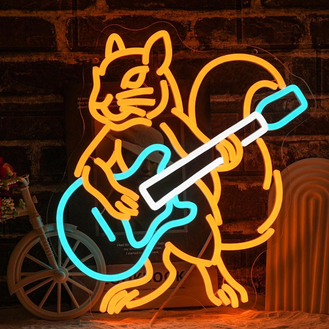 Squirrel Guitar Neon Sign for Wall Decor Beer Bar Guitar Neon Light, USB Powered Orange Squirrel Music Led Light Sign for Bar Live Music,Man Cave,Home, Party,Office, Bedroom