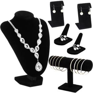 Wenqik 6 Pcs Velvet Jewelry Display Set Velvet Necklace Mannequin Bust Stand T Bar Bracelet Holder 2 Earring Stand 2 Ring Finger Jewelry Holder for Home Decor Showcase