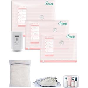 BAGSMART Vacuum Bags for Travel with Rechargeable Air Pump, Portable Space Saver Bags for Travel & Home, Vacuum Compression Seal Bag for Clothing, Blanket, 15 Pack-Pink