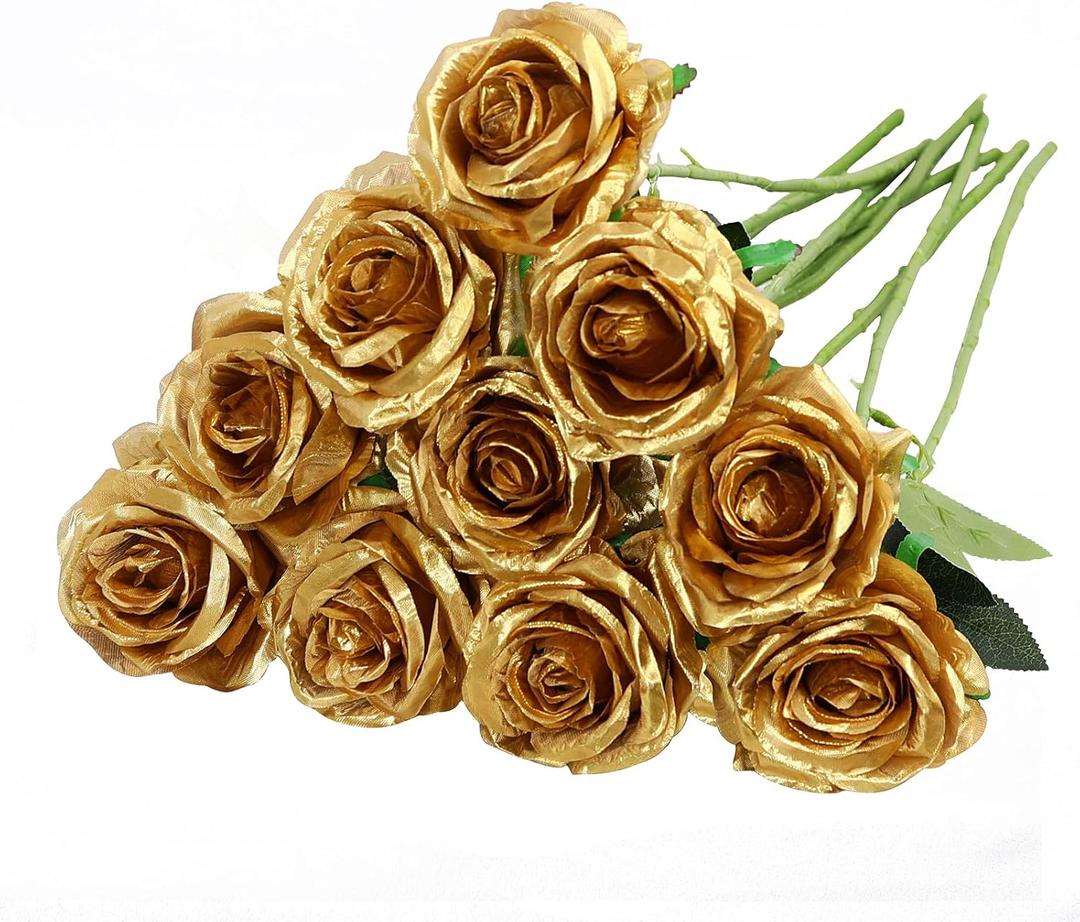 Nubry Artificial Silk Rose Flower Bouquet Lifelike Fake Rose for Wedding Home Party Decoration Event Gift 10pcs (Gold) (Gold)