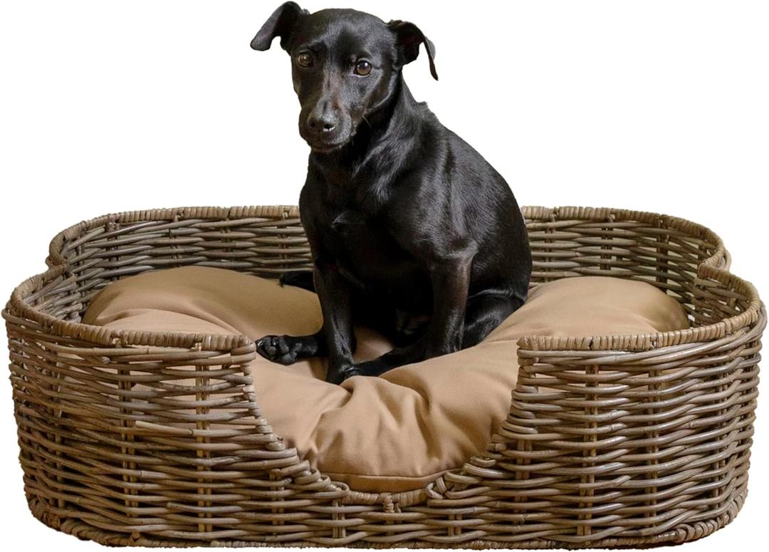 DBD1002A Scallop 27" x 18.25" Tropical Handwoven Rattan Dog Bed with Machine Washable Cushion, Kubu Gray