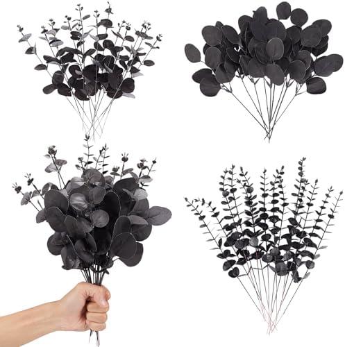 Coreland 120 Pcs 3 Kinds Mixed Artificial Eucalyptus Stems Faux Eucalyptus Leaves Branches Black Flower for Halloween DIY Bouquets Floral Arrangement Wedding Home Decor