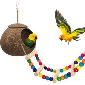 Coconut Bird House Coconut Shell Bird Nest with Ladder for Parrots, Hamsters Small Animals House Pet Cage Habitats Decor, Pet Bird Supplies