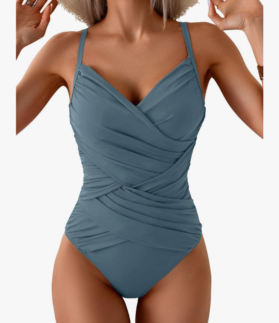 B2prity One Piece Swimsuit Tummy Control Criss Cross Bathing Suit Slimming Ruched Swim Suit Push Up V Neck Swimwear L
