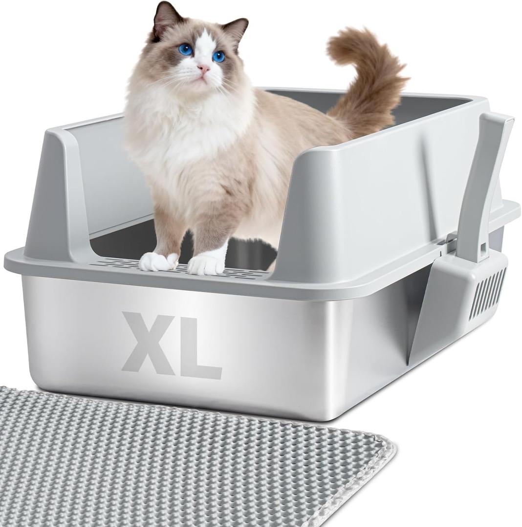 Stainless Steel Litter Box with Lid, XL Metal Litter Box, Anti-Urine Leakage Cat Litter Boxes Extra Large for Big/Multiple Cats, Never Absorbs Odors, Non-Stick, Includes Scooper and Mat