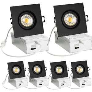 3 Inch Canless Recessed Gimbal Downlight, 360 Rotatable Black Square Spotlight, 8W 850Lm High Brightness, 5CCT LED Recessed Light with Junction-Box, 3 Inch 6 Pack Black