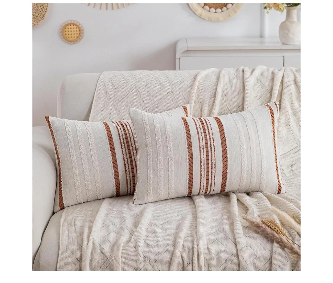 Decorative 2 Packs Burnt Orange Boho Lumbar Pillow Covers 12x20 Inch Chenille Striped Throw Pillow Covers for Couch, Farmhouse Long Boho Throw Pillows for Bed Bedroom Living Room Chair Gifts