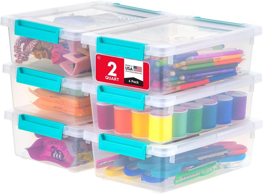 IRIS USA 2 Qt. Craft Storage Bins with Lids, 6-Pack, |Made in USA|, Clip Box, Small Plastic Sensory Bin Tote Organizer Containers for Art Supplies, Paper, & Office, Stackable - Clear/Seafoam Blue