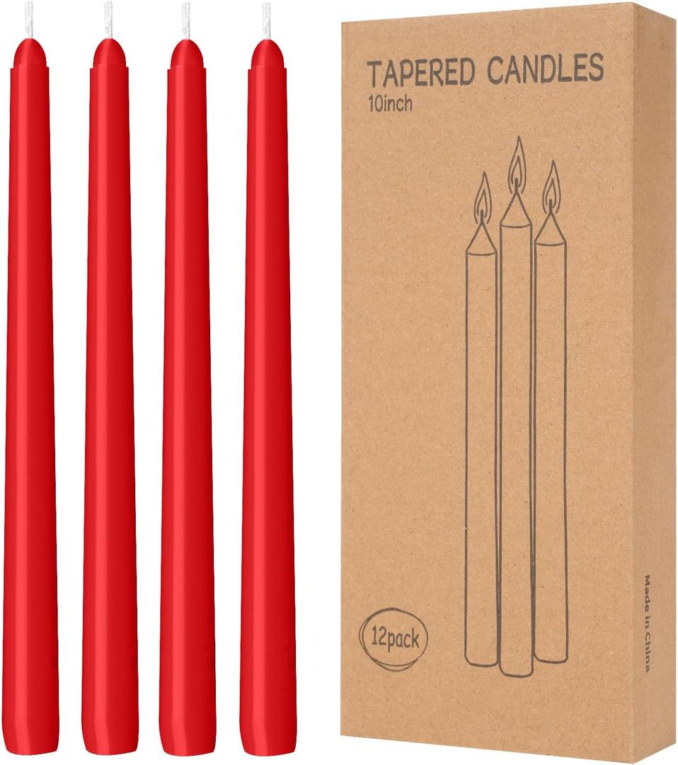 LYOBATH 12 Pack Red Taper Candles - Taper Candles 10 Inch Dripless, Smokeless & Unscented - 8 Hours Long Burning - Hand Poured Tall Candlesticks - Ideal for Weddings, Dinner Parties, and Home Decor