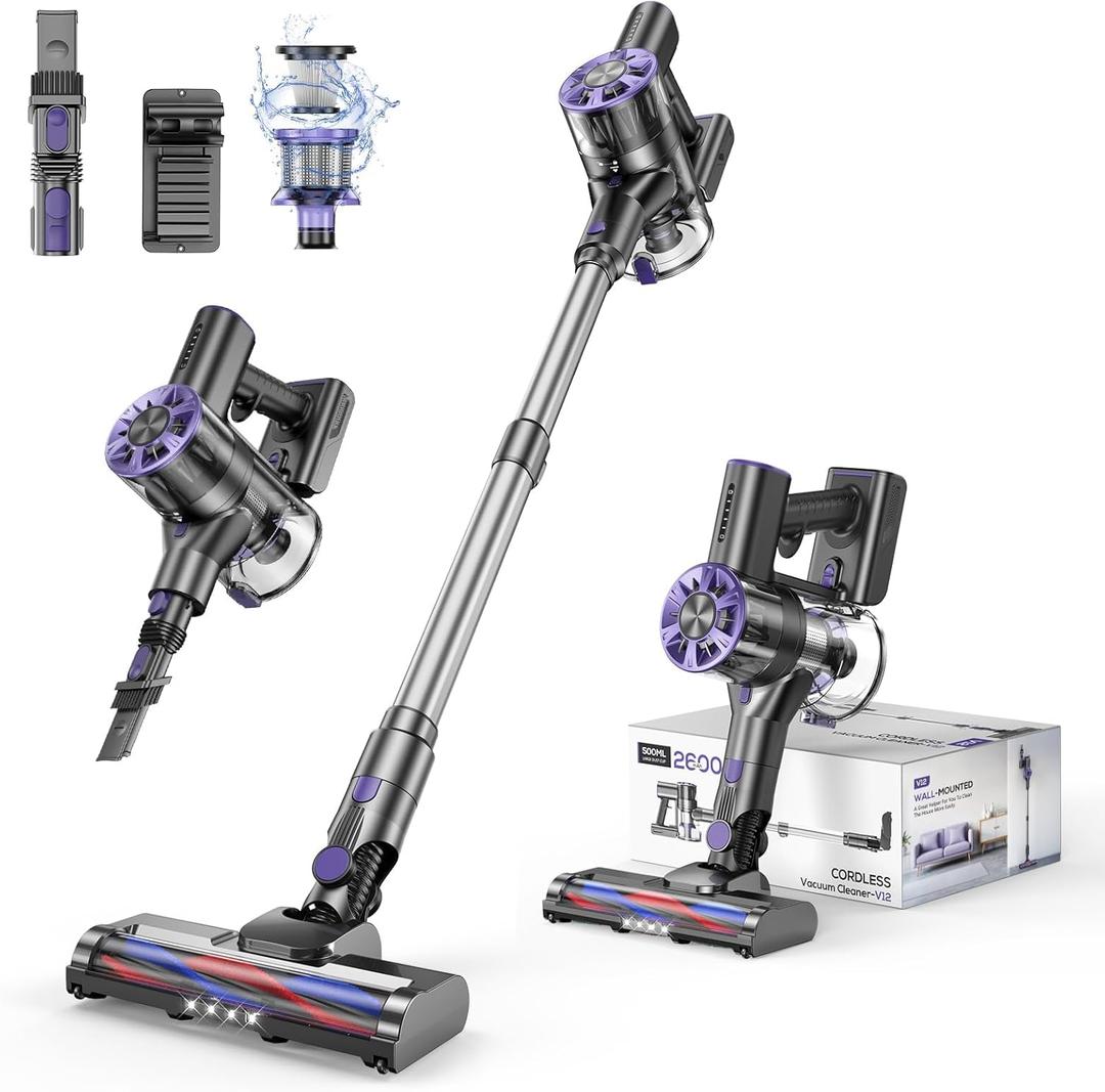 Comvtu Cordless Vacuum Cleaner Rechargeable with 2600mAh Detachable Battery, Powerful Vacuums with 2 Adjustable Modes, Lightweight Portable Stick Vacuum for Home (Indigo Purple)