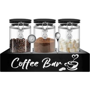 MACIFECI Glass Coffee Containers with Shelf Coffee Station Organizer 54oz Black Glass Coffees Bean Storage Canister with Spoon Coffee Canister Set Kitchen Food Storage Jars for Coffee/Sugar/Candy, Black