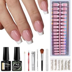 MEET ACROSS French False Nails Kit, Press on Nails with Glue 150Pcs Short Coffin Fake Nails French White Tip Pink Color Glossy Full Cover Glue on Nails for Women