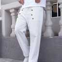 Mens Linen Pants Casual Summer Vacation Baggy Beach Pants Buttoned Elastic Waist Drawstring Yoga Trousers with Pockets (White, XXL)