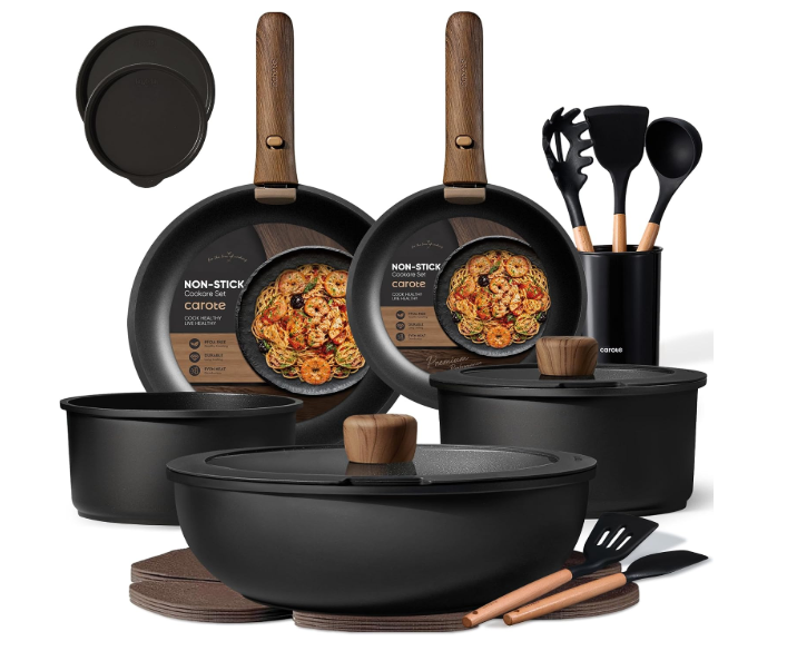 CAROTE 21pcs Pots and Pans Set Non Stick, Detachable Handle Cookware, Black
Induction Compatible, Dishwasher & Oven Safe, Kitchen Organization, for Camping/RV/Traveling, Cooking Set, House Warming Gift