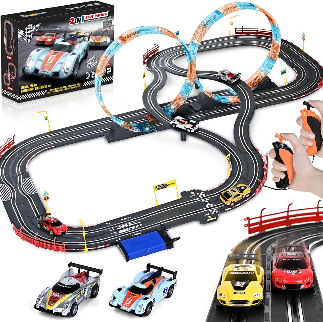Boy Toys Gifts for 6 7 8-12 Years Old, Slot Car Race Track Sets with 4 Slot Cars, Battery or Electric Car Track with Flash Light, Dual Racing Game Lap Counter Circular Overpass Track Gifts for Kids