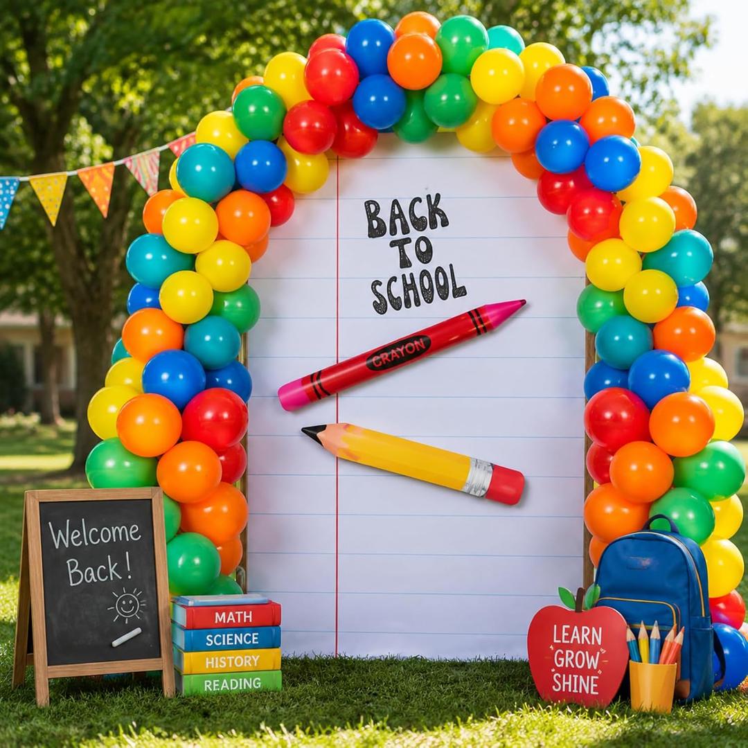 2 x Yaomiao 103 Pcs Notebook Arch Backdrop Cover Back to School Photo Decor Set | Includes 6.7 ft Round Top Arch Stand Covers Inflatable Crayon Pencil 100 Balloons for First Day of School Classroom Supplies