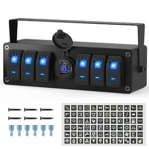 Joinfworld 6 Gang Rocker Switch Box Waterproof 12V SPST ON/Off lED Light Bar Switch Panel with Dual USB Outlet PD3.0 & QC3.0 Car USB Port for Boat Marine Automotive Car Truck RV UTV