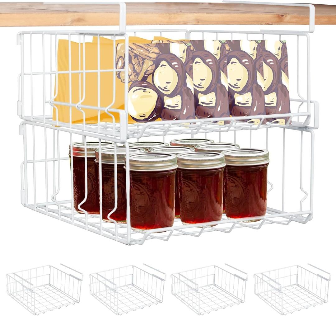 Hanging Under Shelf Storage Basket, 4 Pack Foldable Under Cabinet Metal Desk Storage Wire Rack Organizer for Kitchen Pantry Bookshelf Office Home, Easy to Install Slide-in Under Shelves (White)