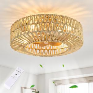 20" Rattan Fandelier Ceiling Fan with Light, Boho Ceiling Fan Flush Mount with Remote, Toast-Colored Woven Caged Fan for Patios Bedroom Living Room, 6-Speed Reversible