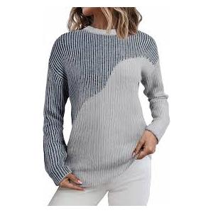 Sidefeel Womens Sweaters Long Sleeve Crewneck Striped Color Block Trendy Fall Clothes Casual Loose Knit Tops Gray Large