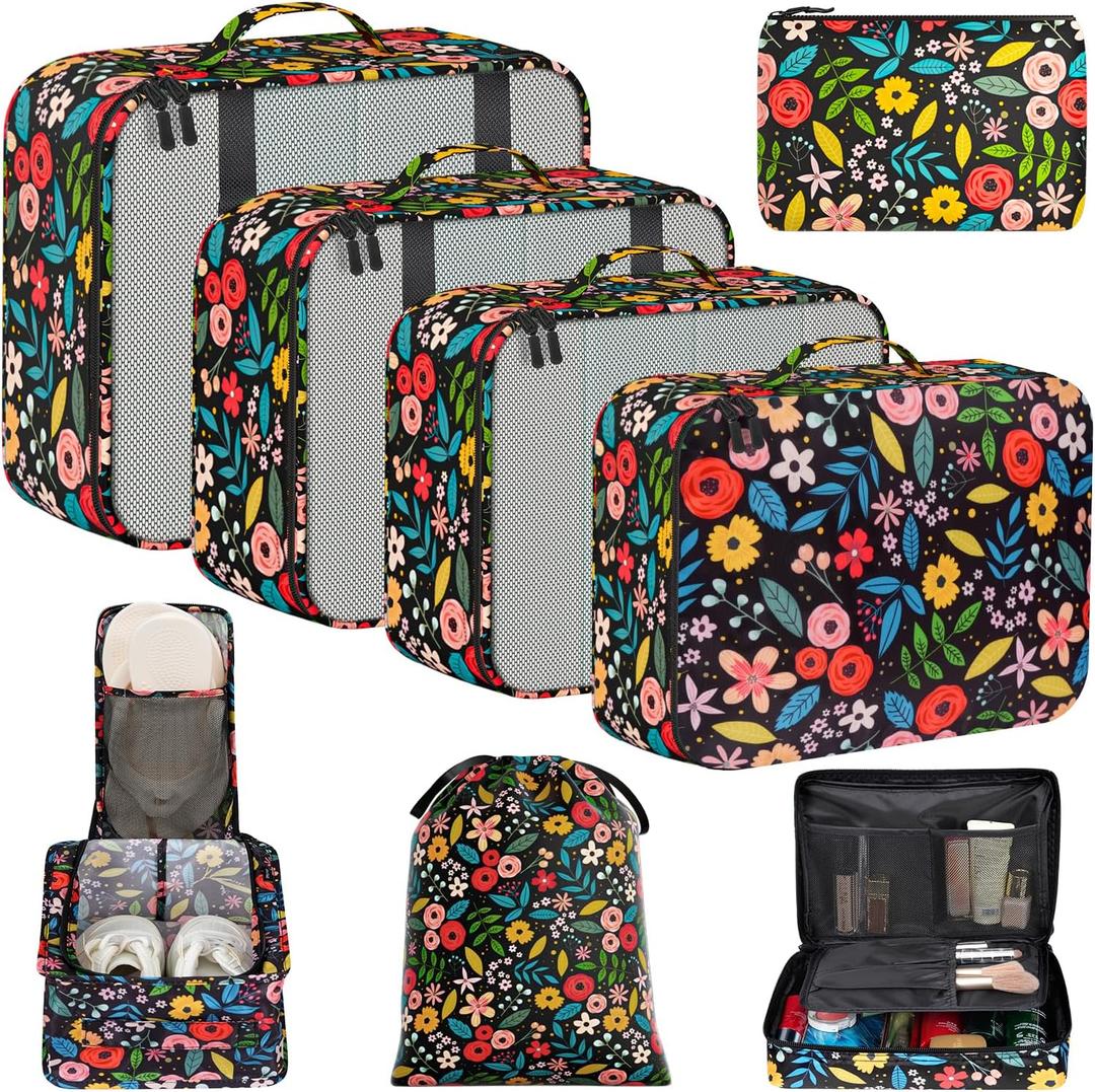 BAGAIL 8 Set Packing Cubes Luggage Packing Organizer Bags for Travel Accessories-Black Floral