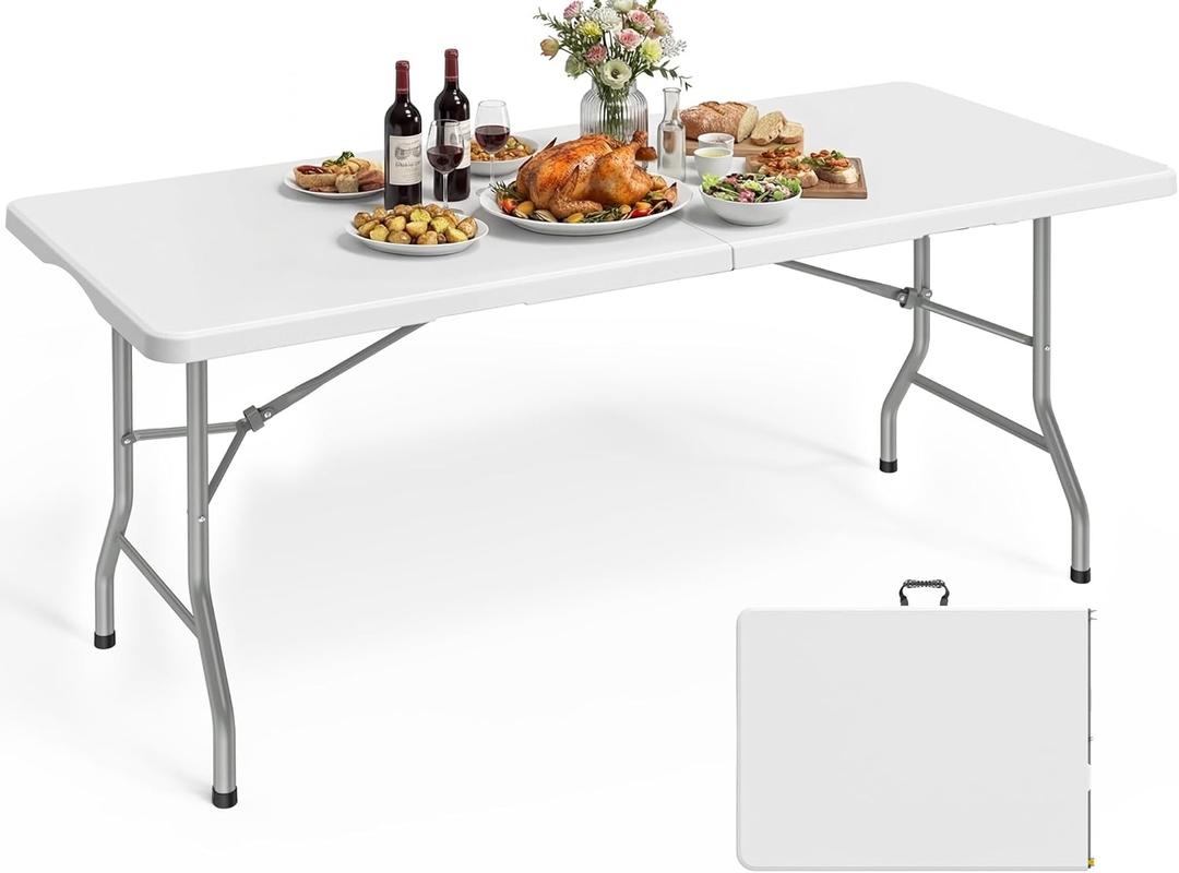 Pureegg 6FT Folding Table - No Assembly Required, Versatile Dining Table with Carrying Handle & Tabletop Safety Lock, Portable Foldable Table for Party, Craft, Camping, Picnic, White