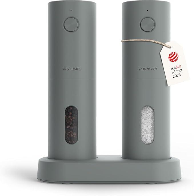 LARS NYSØM Electric Salt and Pepper Grinder Set, USB Rechargeable, Automatic Salt and Pepper Mills, Spice Shakers Refillable with LED Light, Adjustable Coarseness, Ceramic Grinder (Ash Gray)